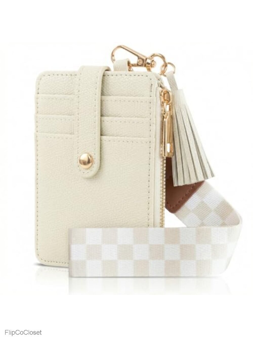 PU Leather Wristlet Keychain Wallet Slim Card Holder Checkered Strap